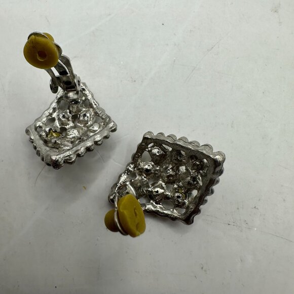 Vintage Rhinestone Clip-On Earrings Silver Tone Geometric Design - Picture 4 of 4